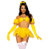 Close front view of yellow fairytale beauty costume with glitter bra top and ribbon skirt - Golddiggers Boutique