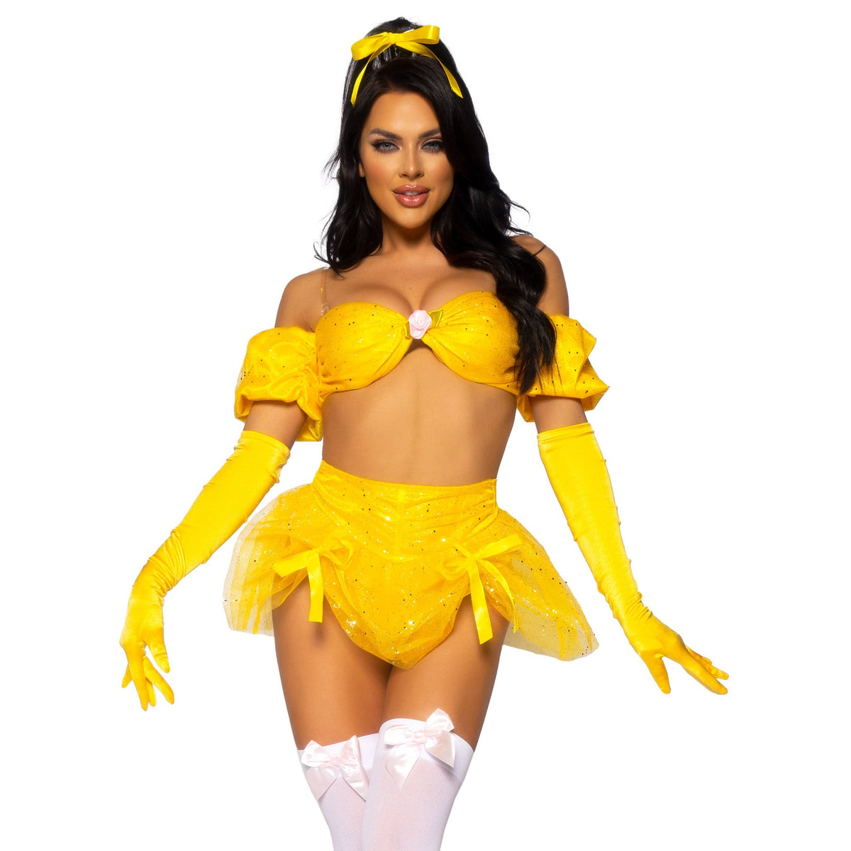 Close front view of yellow fairytale beauty costume with glitter bra top and ribbon skirt - Golddiggers Boutique