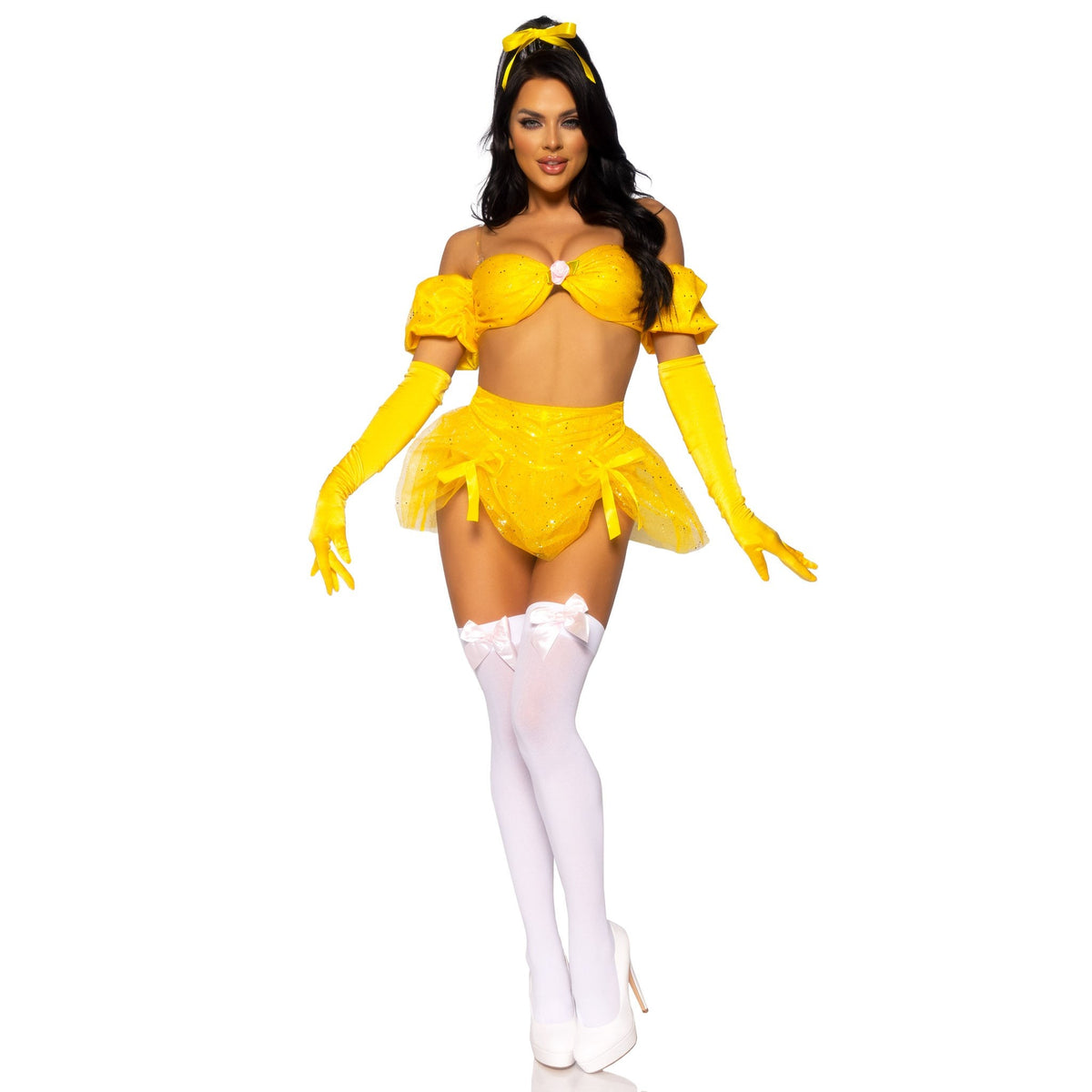 Front view of yellow fairytale beauty costume with glitter bra top and ribbon skirt - Golddiggers Boutique