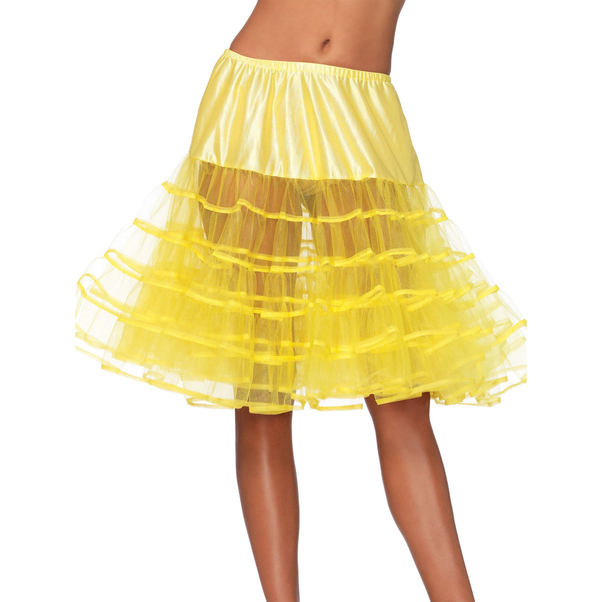 Close-up front view of yellow knee length ruffle petticoat - Golddiggers Boutique