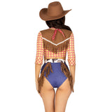 Close back view of yellow plaid cowgirl costume with fringe belt and bandana - Golddiggers Boutique