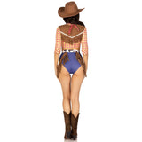 Back view of yellow plaid cowgirl costume with fringe belt and bandana - Golddiggers Boutique