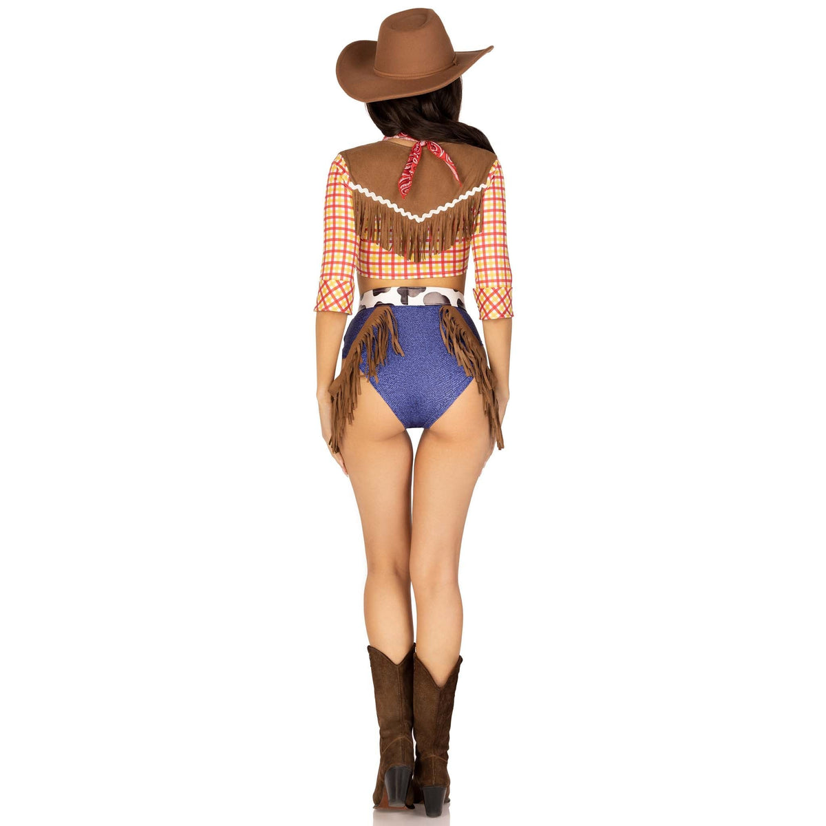 Back view of yellow plaid cowgirl costume with fringe belt and bandana - Golddiggers Boutique