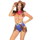 Close front view of yellow plaid cowgirl costume with fringe belt and bandana - Golddiggers Boutique