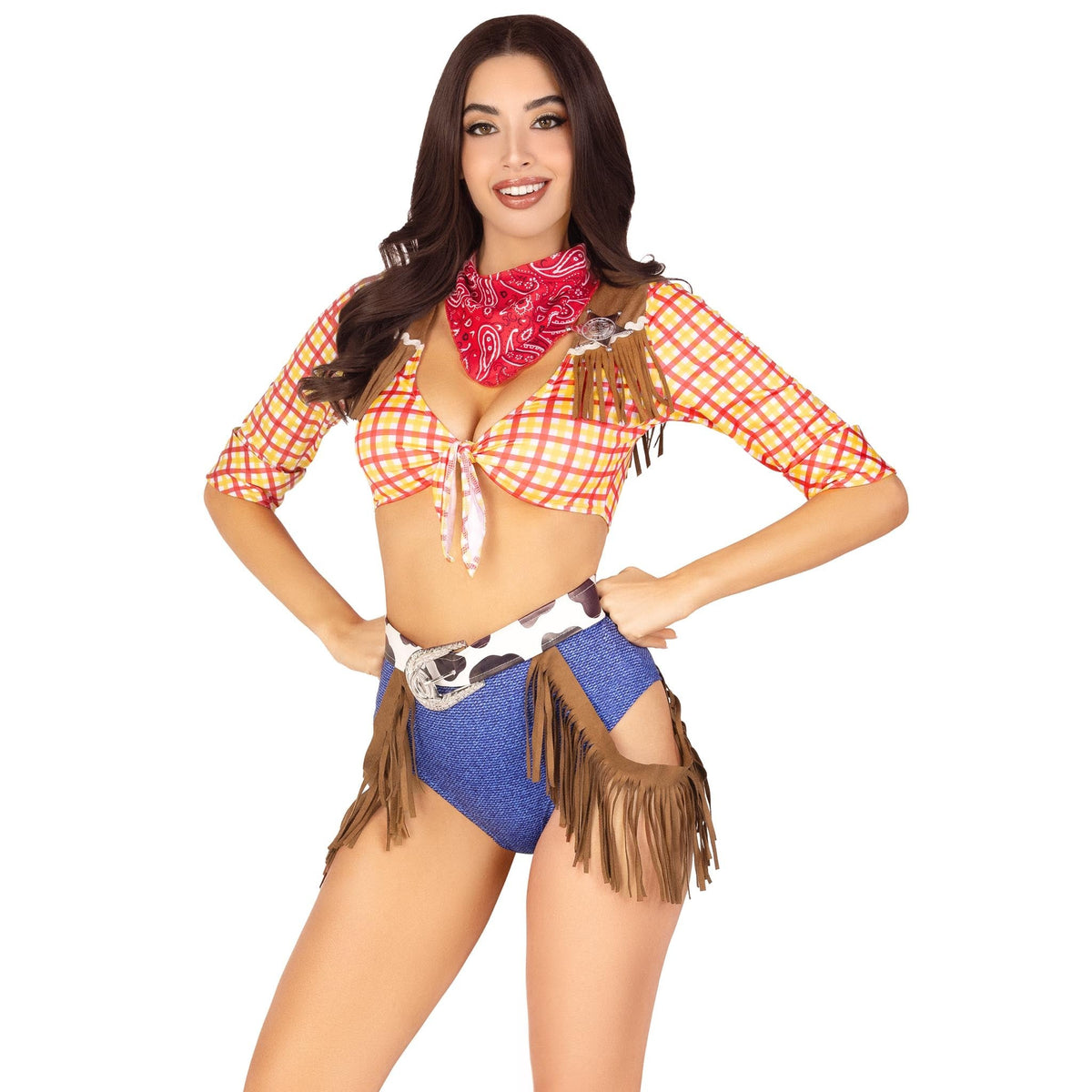 Close front pose of yellow plaid cowgirl costume with fringe belt and bandana - Golddiggers Boutique