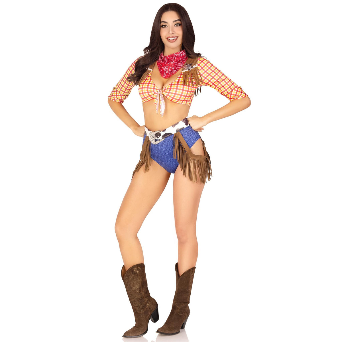 Front pose of yellow plaid cowgirl costume with fringe belt and bandana - Golddiggers Boutique