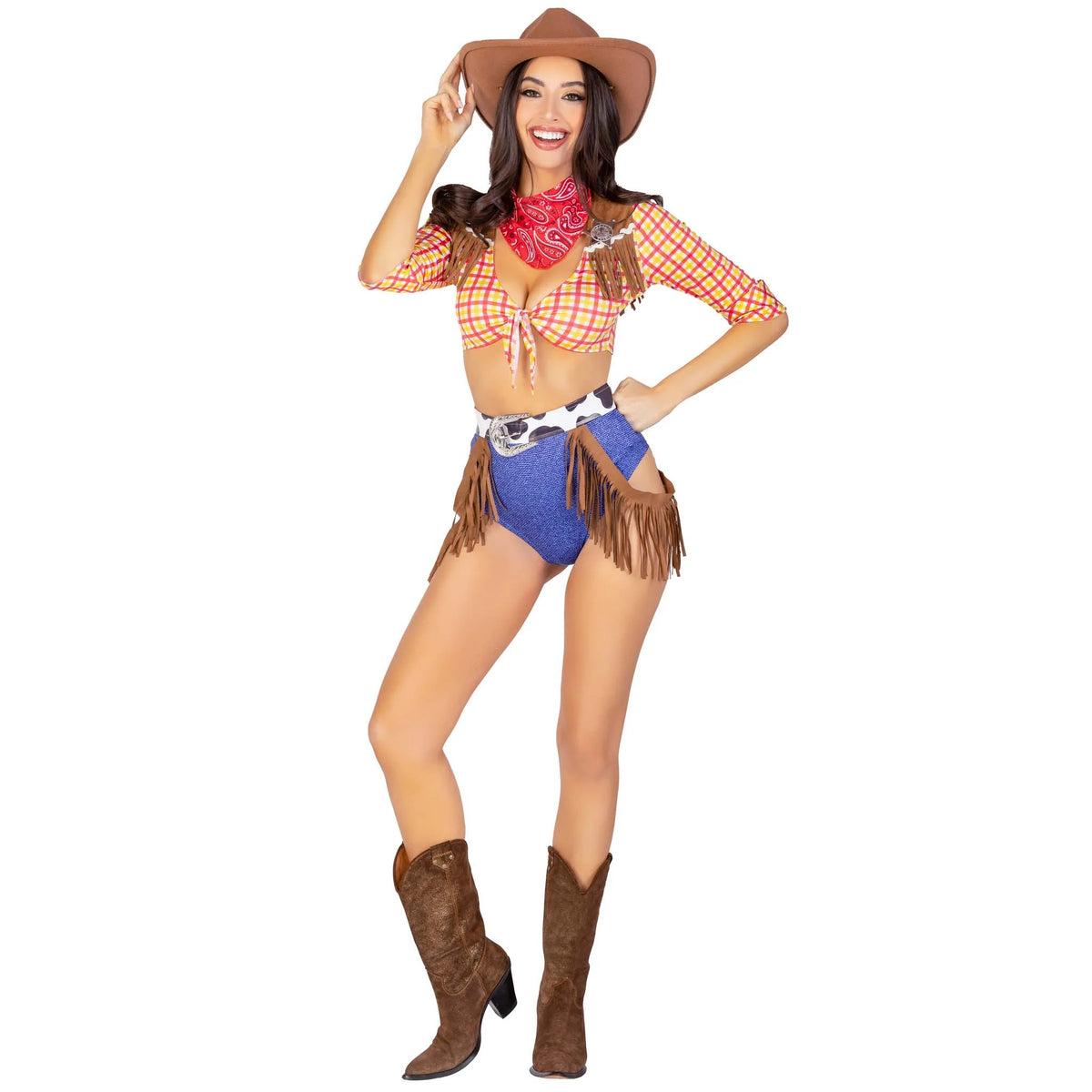 Front view of yellow plaid cowgirl costume with fringe belt and bandana - Golddiggers Boutique