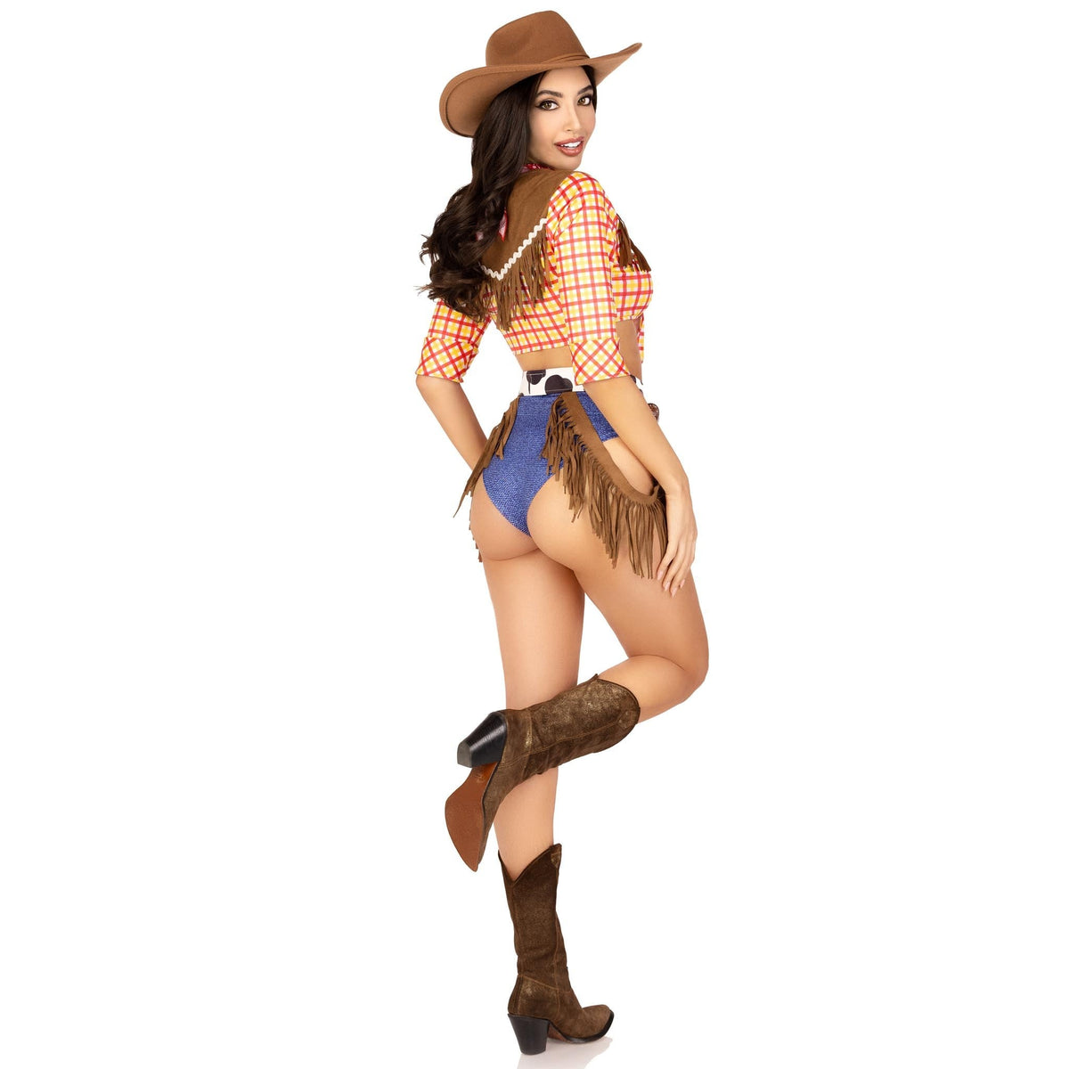 Side view of yellow plaid cowgirl costume with fringe belt and bandana - Golddiggers Boutique