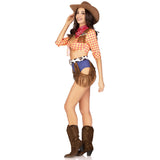 Side view of yellow plaid cowgirl costume with fringe belt and bandana - Golddiggers Boutique