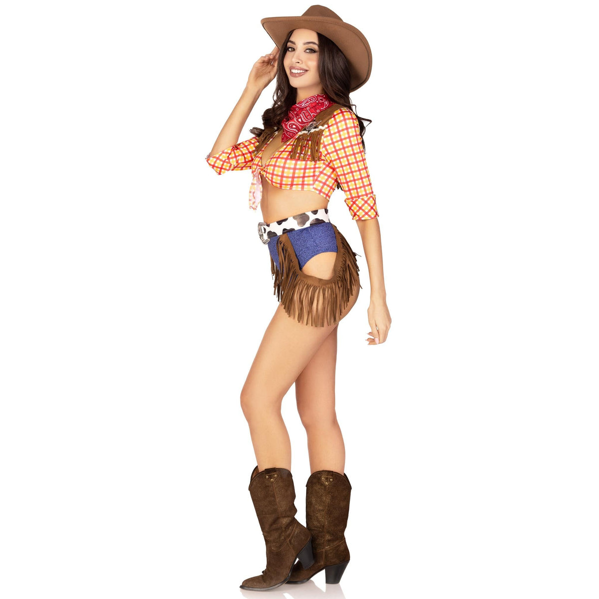 Side view of yellow plaid cowgirl costume with fringe belt and bandana - Golddiggers Boutique