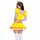 Close back view of yellow princess costume with puff sleeve boned top and crown - Golddiggers Boutique