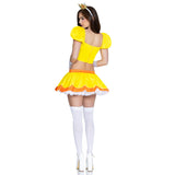 Back view of yellow princess costume with puff sleeve boned top and crown - Golddiggers Boutique