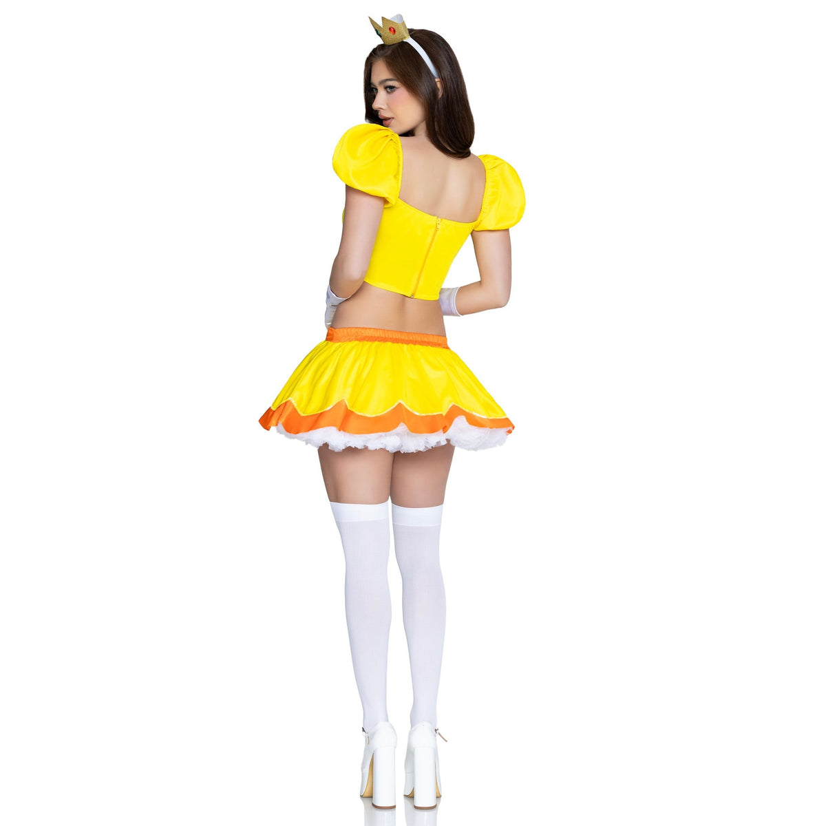 Back view of yellow princess costume with puff sleeve boned top and crown - Golddiggers Boutique