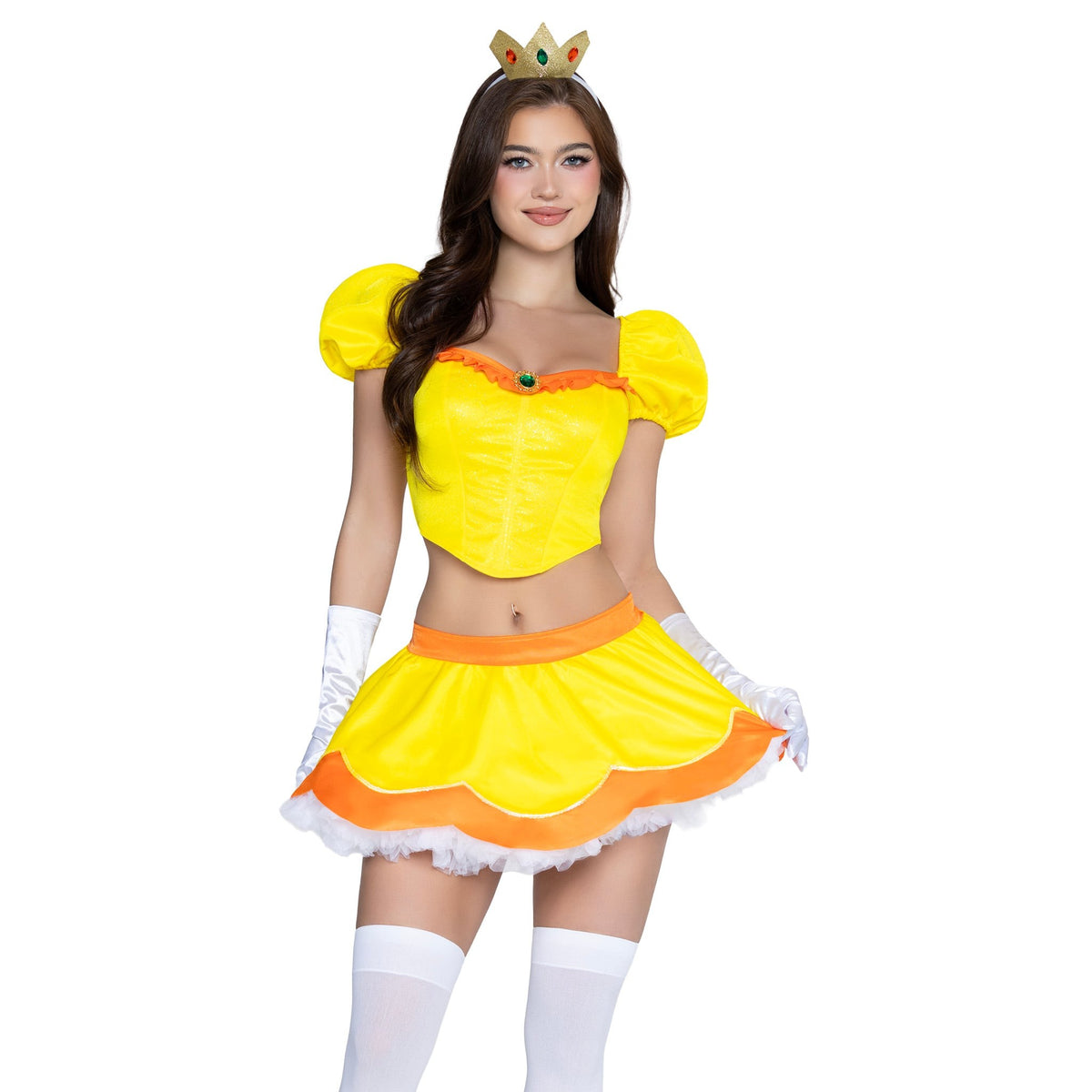 Close front view of yellow princess costume with puff sleeve boned top and crown - Golddiggers Boutique