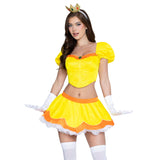 Close front pose of yellow princess costume with puff sleeve boned top and crown - Golddiggers Boutique