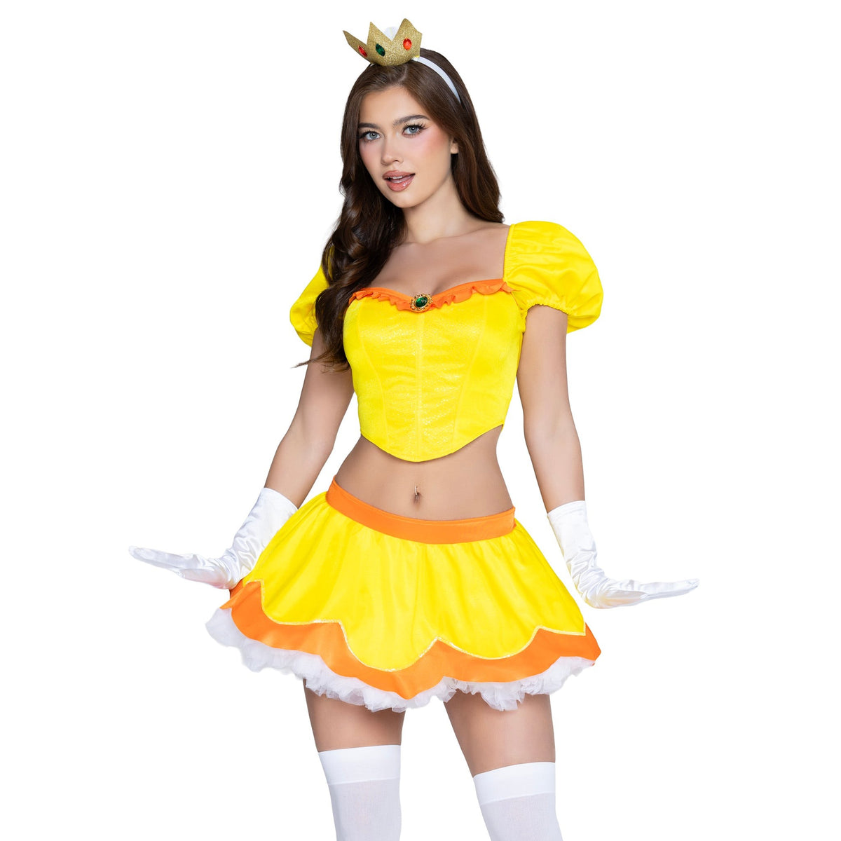 Close front pose of yellow princess costume with puff sleeve boned top and crown - Golddiggers Boutique