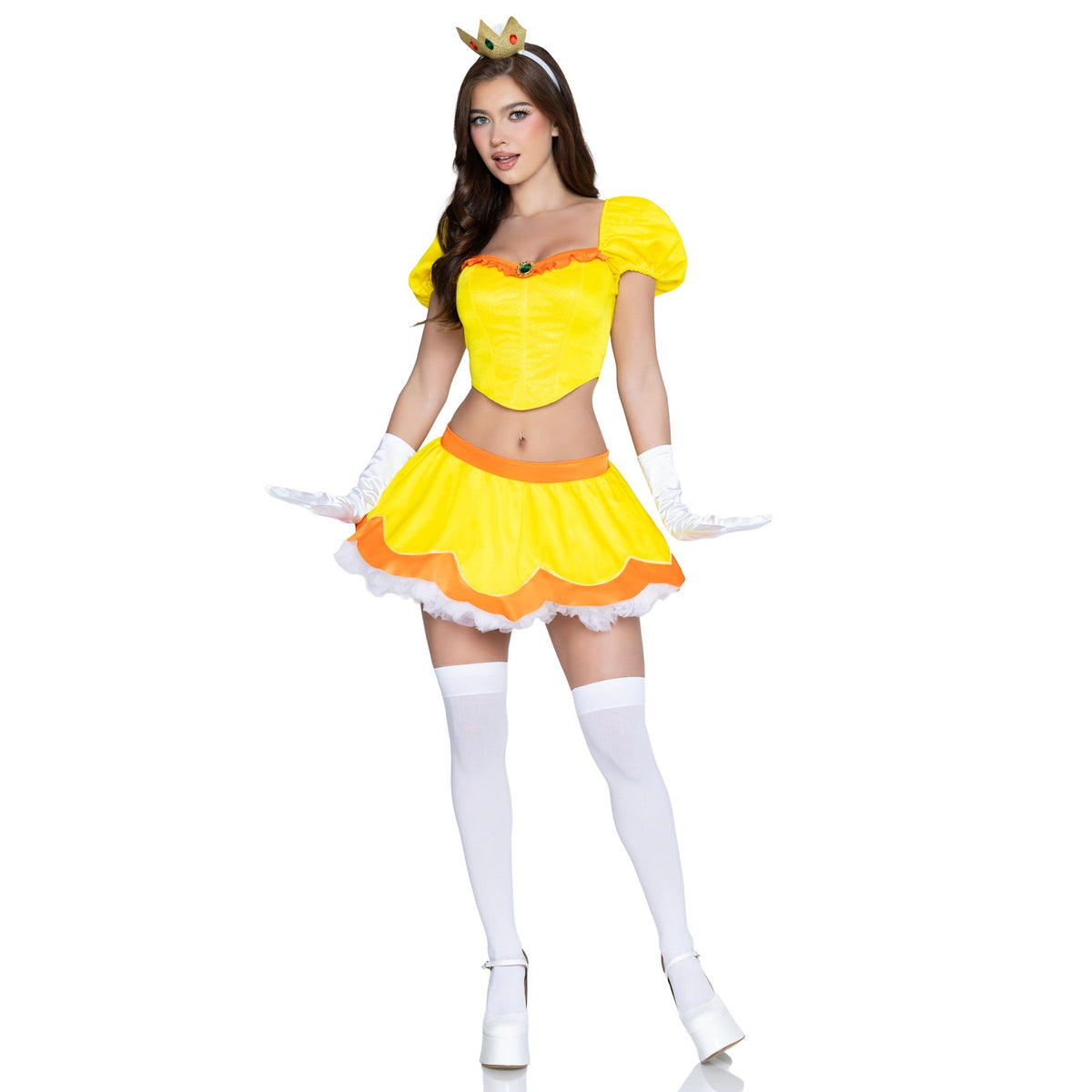 Front pose of yellow princess costume with puff sleeve boned top and crown - Golddiggers Boutique