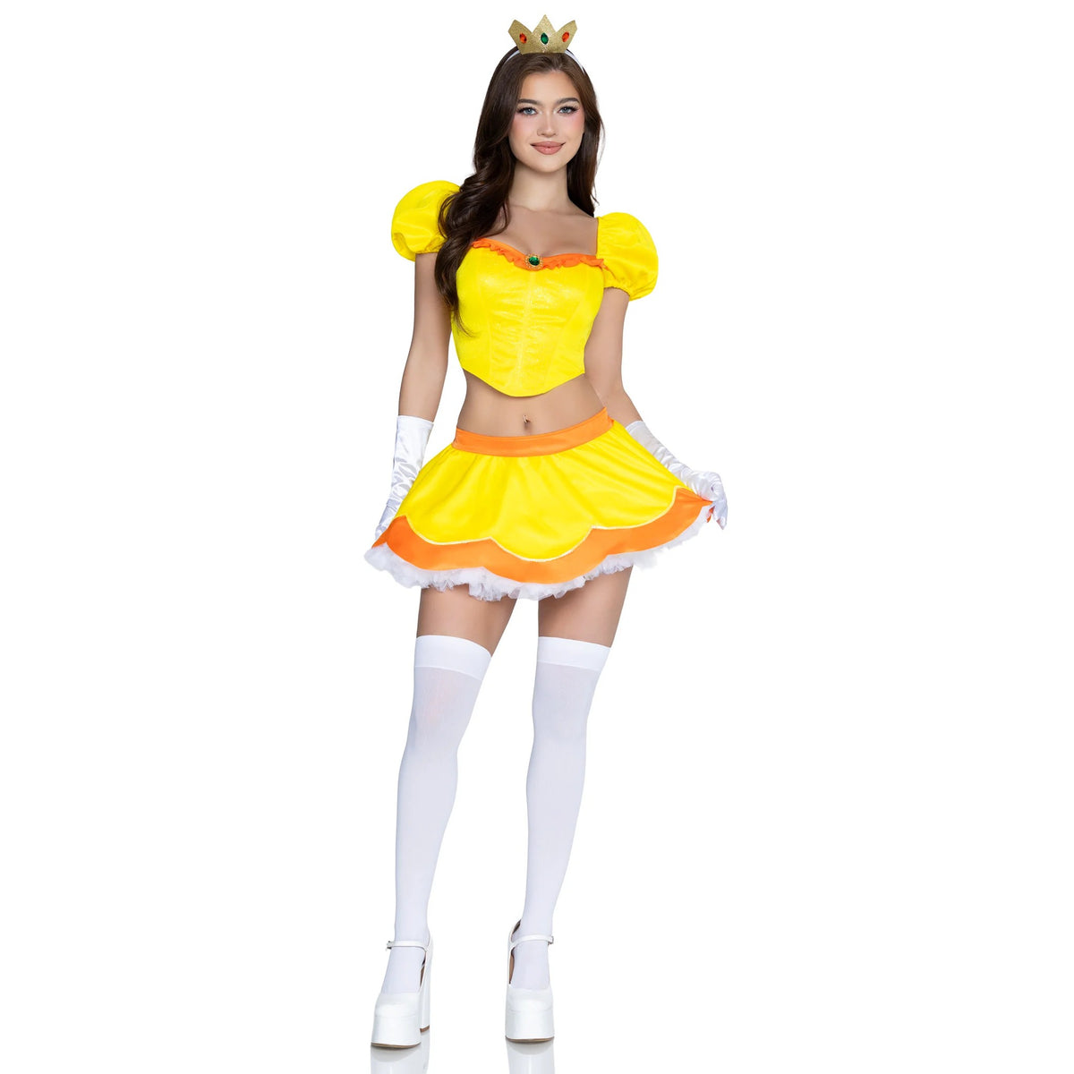 Front view of yellow princess costume with puff sleeve boned top and crown - Golddiggers Boutique