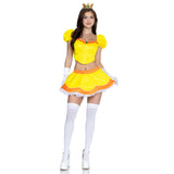 Front view of yellow princess costume with puff sleeve boned top and crown - Golddiggers Boutique