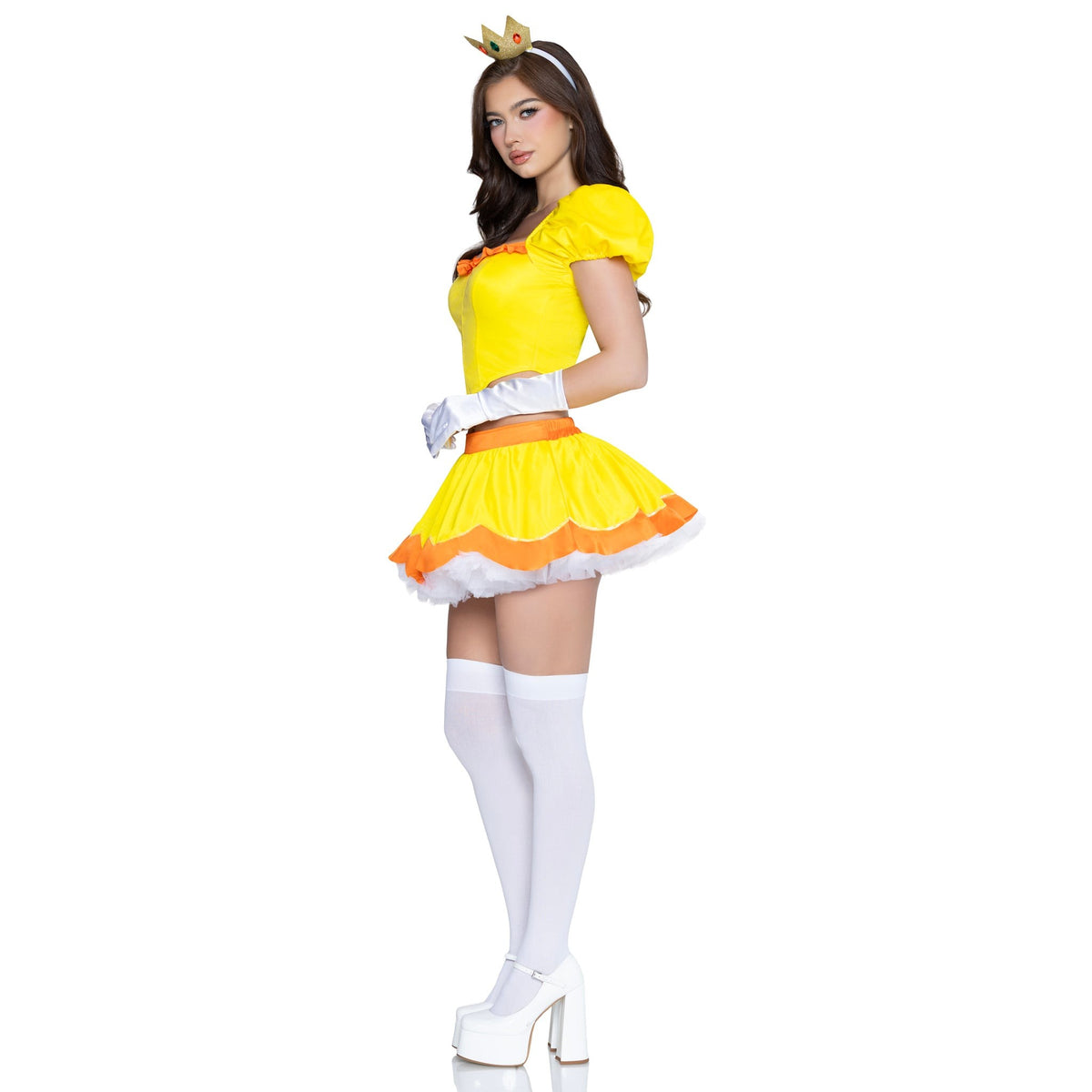 Side view of yellow princess costume with puff sleeve boned top and crown - Golddiggers Boutique