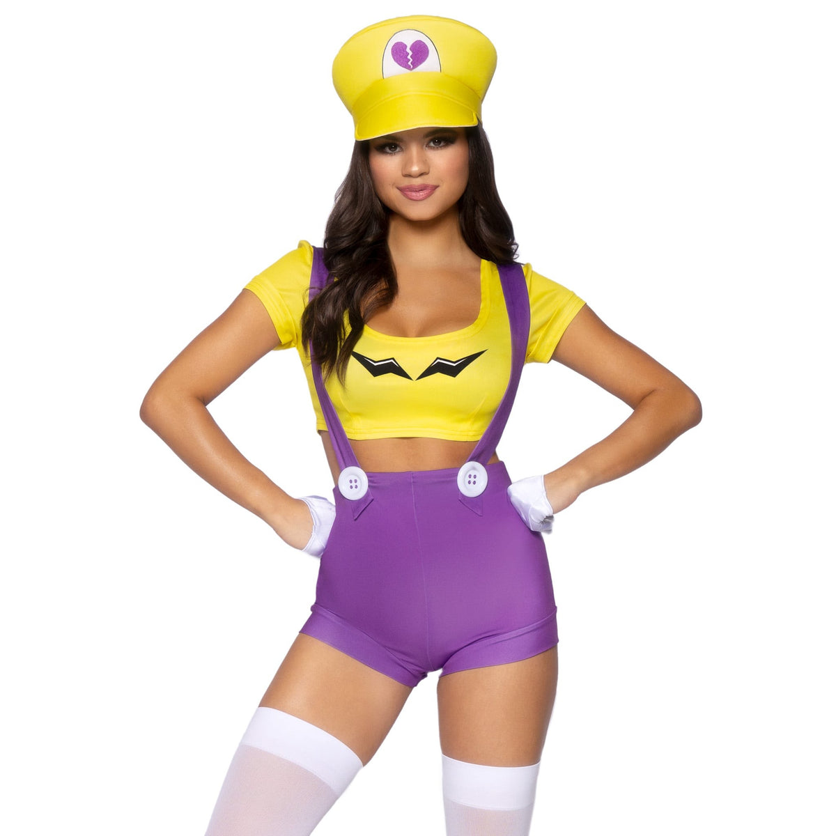 Close front view of yellow and purple gamer villain costume with suspender shorts and hat - Golddiggers Boutique