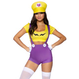 Close front view of yellow and purple gamer villain costume with suspender shorts and hat - Golddiggers Boutique