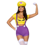 Close front pose of yellow and purple gamer villain costume with suspender shorts and hat - Golddiggers Boutique