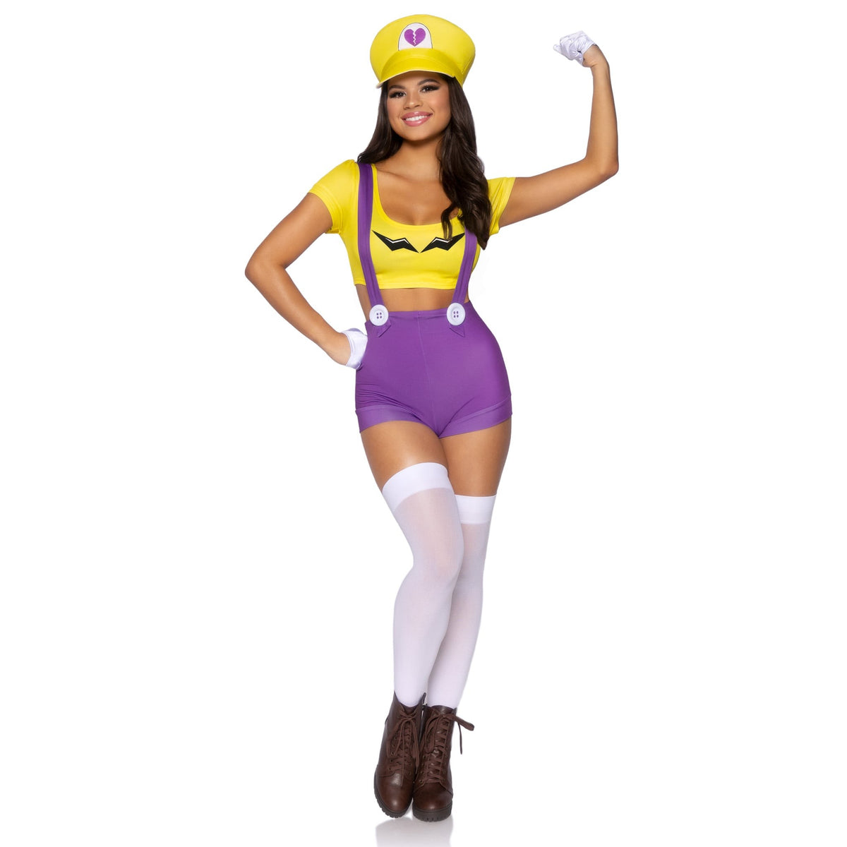 Front pose of yellow and purple gamer villain costume with suspender shorts and hat - Golddiggers Boutique