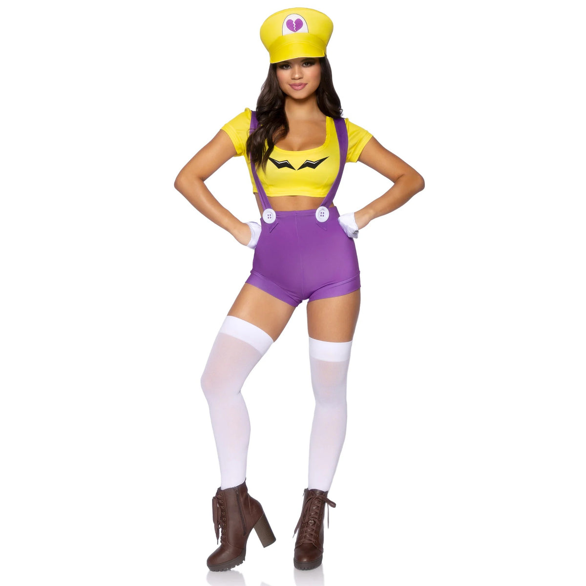Front view of yellow and purple gamer villain costume with suspender shorts and hat - Golddiggers Boutique