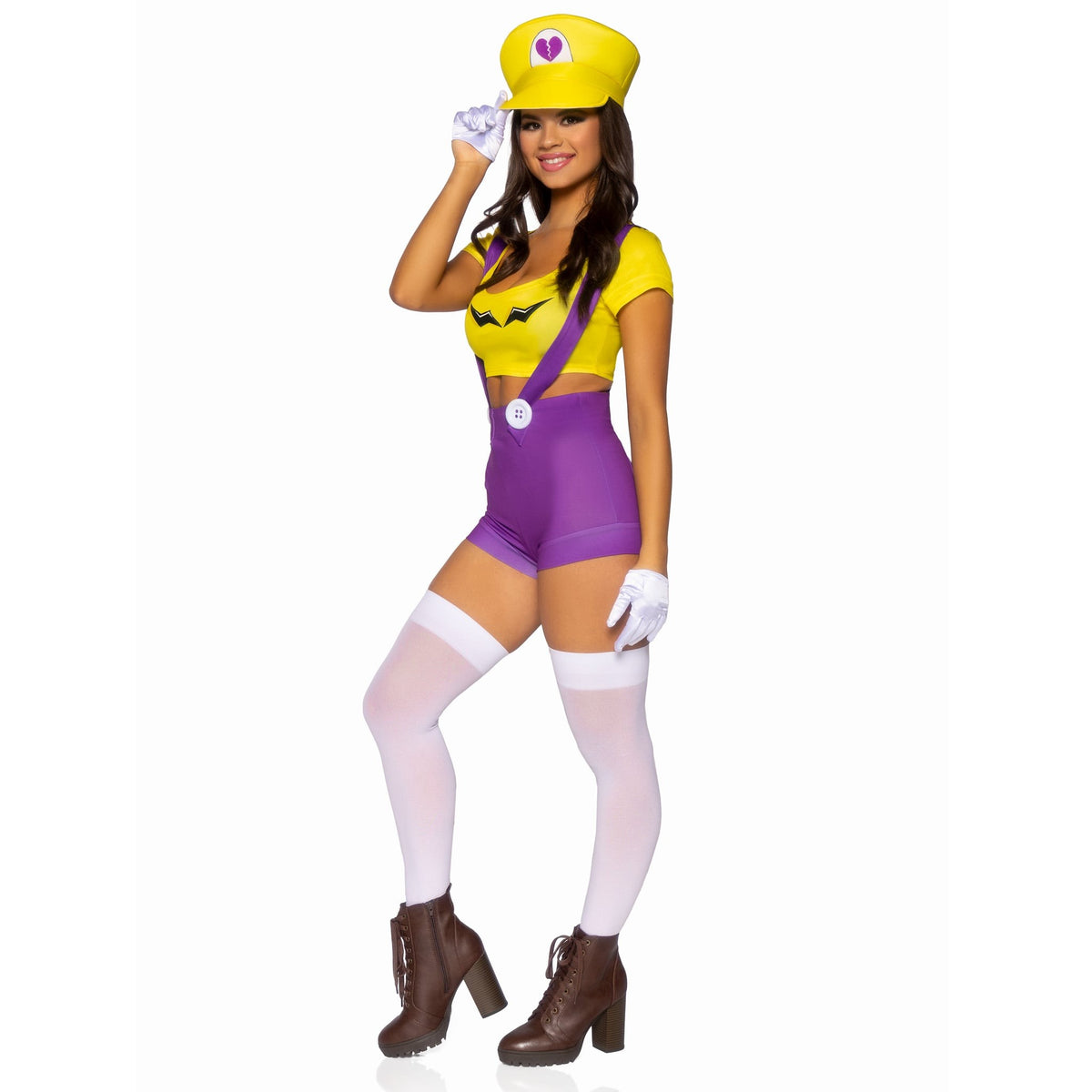 Side view of yellow and purple gamer villain costume with suspender shorts and hat - Golddiggers Boutique