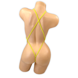 Back of the Yellow Zoe vinyl slingshot bodysuit showing the X criss-cross straps and thong back