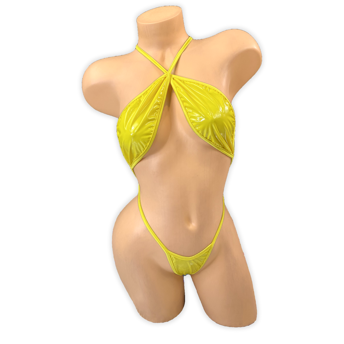 Front of the Yellow Zoe vinyl slingshot bodysuit with criss-cross halter straps