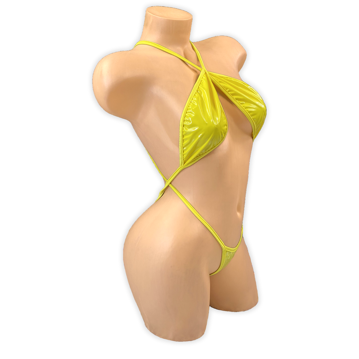 Side of the Yellow Zoe vinyl slingshot bodysuit