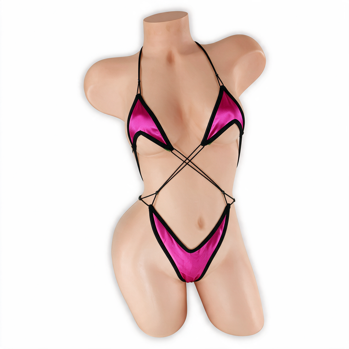 Zing Fuchsia Dakota Criss Cross Slingshot Bodysuit front view on mannequin, black trim and criss cross strings