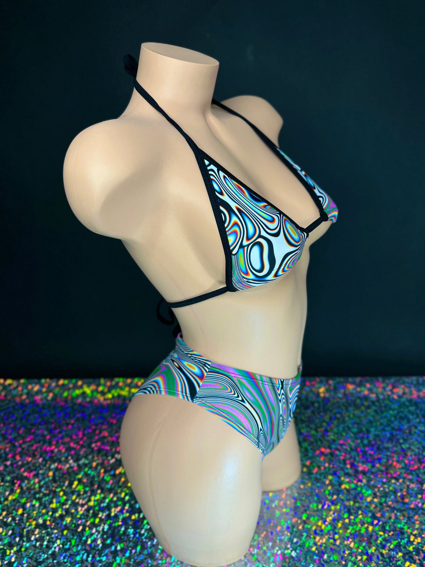 Vivian acid wash bikini set flat lay — Golddiggers Boutique exotic dancewear