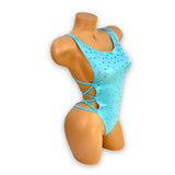 Miley baby blue rhinestone bodysuit close-up of AB crystal embellishments — Golddiggers Boutique exotic dancewear