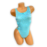 Miley baby blue rhinestone bodysuit back view showing strappy thong design — Golddiggers Boutique exotic dancewear
