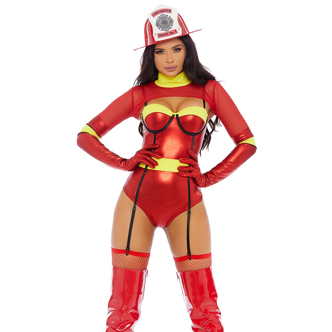Inferno red metallic firefighter costume bodysuit with attached garters, front view — Golddiggers Boutique exotic dancewear
