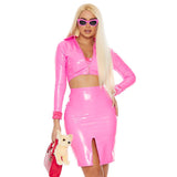 Bend and Snap pink movie character costume with vinyl jacket and high-waisted skirt, front view — Golddiggers Boutique exotic dancewear