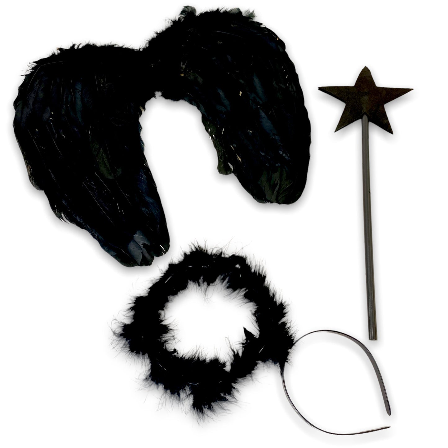 Black Angel Kit costume accessories with halo headband, wand and wings, front view — Golddiggers Boutique exotic dancewear