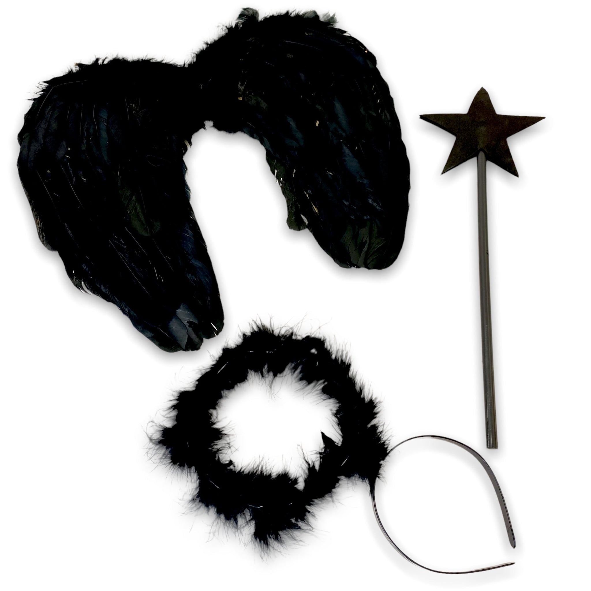 Black Angel Kit costume accessories with halo headband, wand and wings, front view — Golddiggers Boutique exotic dancewear
