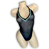 Maribel black rhinestone v-neck bodysuit, front view — Golddiggers Boutique exotic dancewear