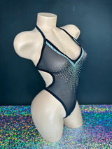 Maribel black bodysuit full stretch fit, model view — Golddiggers Boutique exotic dancewear