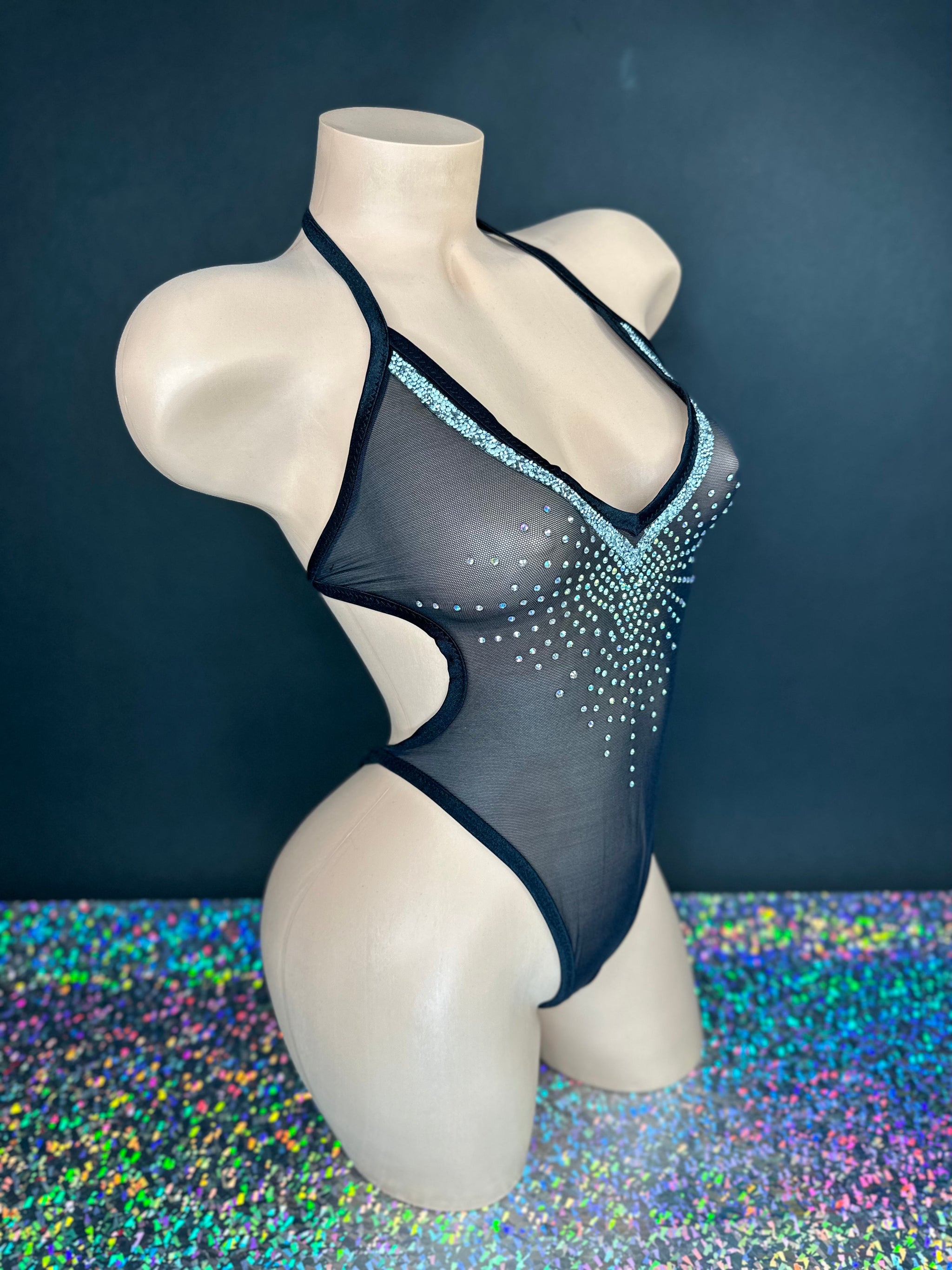 Maribel black bodysuit full stretch fit, model view — Golddiggers Boutique exotic dancewear