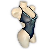 Maribel black bodysuit rhinestone burst applique detail, close-up — Golddiggers Boutique exotic dancewear