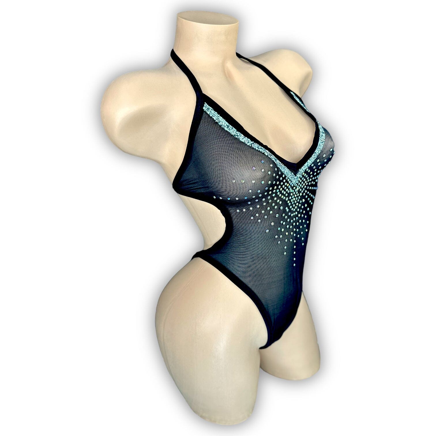 Maribel black bodysuit rhinestone burst applique detail, close-up — Golddiggers Boutique exotic dancewear