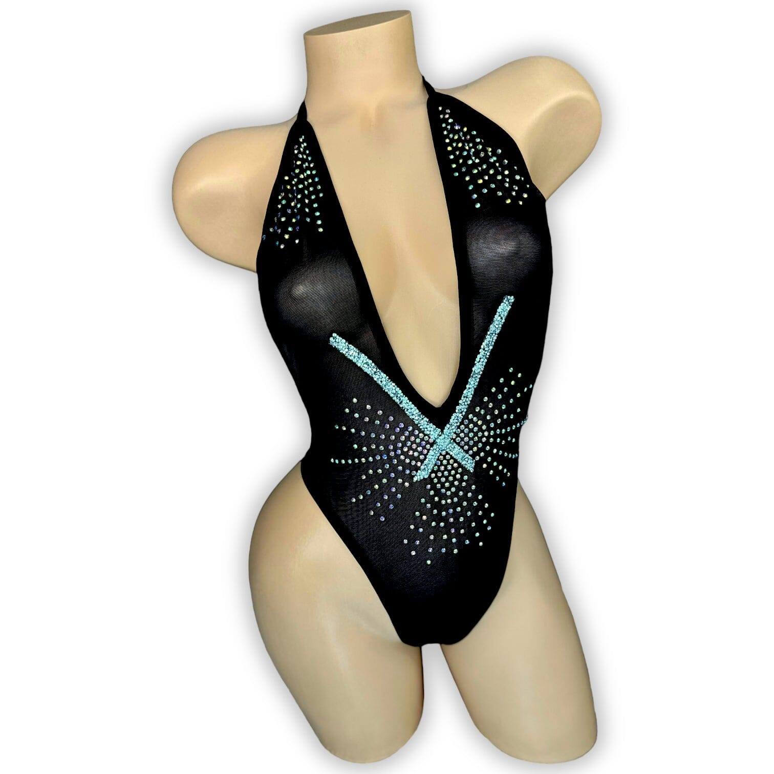 Jacqueline black mesh bodysuit with rhinestone appliques, front view — Golddiggers Boutique exotic dancewear