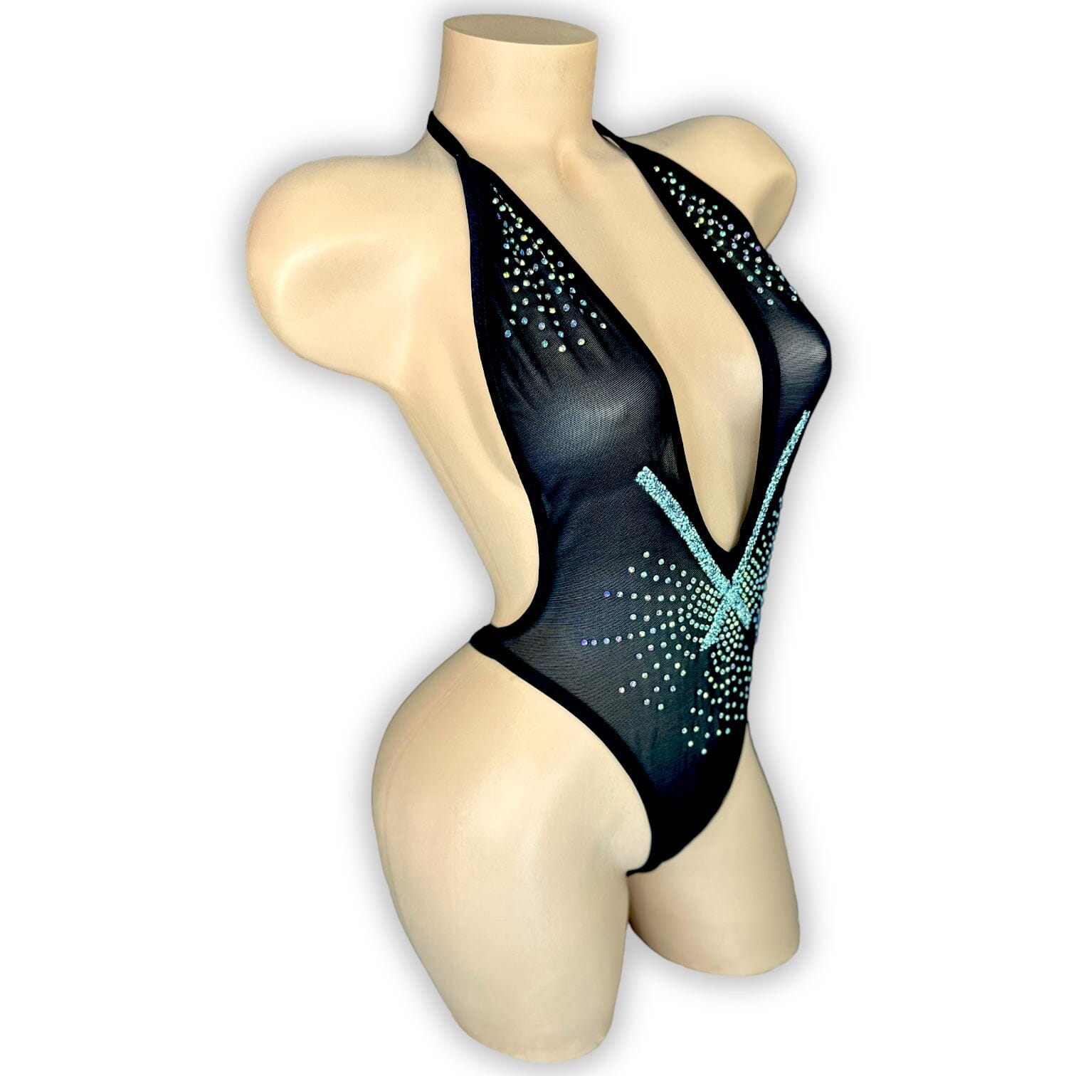 Jacqueline black mesh bodysuit v-neck and rhinestone details, close-up — Golddiggers Boutique exotic dancewear