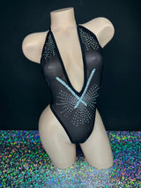 Jacqueline black mesh bodysuit side profile view — Golddiggers Boutique exotic dancewear