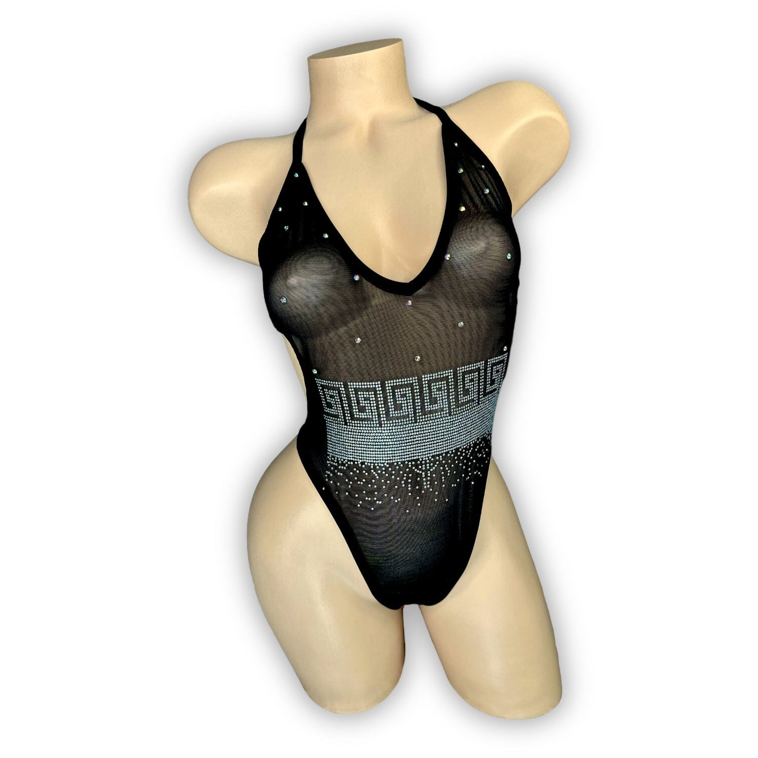 Kendall black mesh rhinestone bodysuit with v-neck, front view — Golddiggers Boutique exotic dancewear